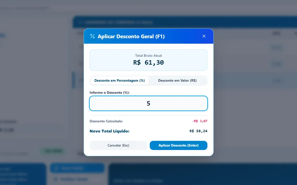 Janela Aplicar Desconto Geral (F1) com total bruto, desconto em porcentagem e novo total líquido